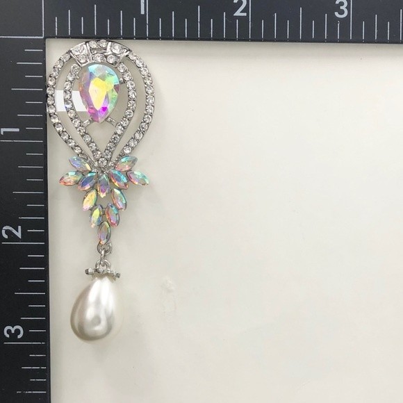 Large AB Iridescent Pearl Rhinestone Clip On Long Earrings - Picture 3 of 4